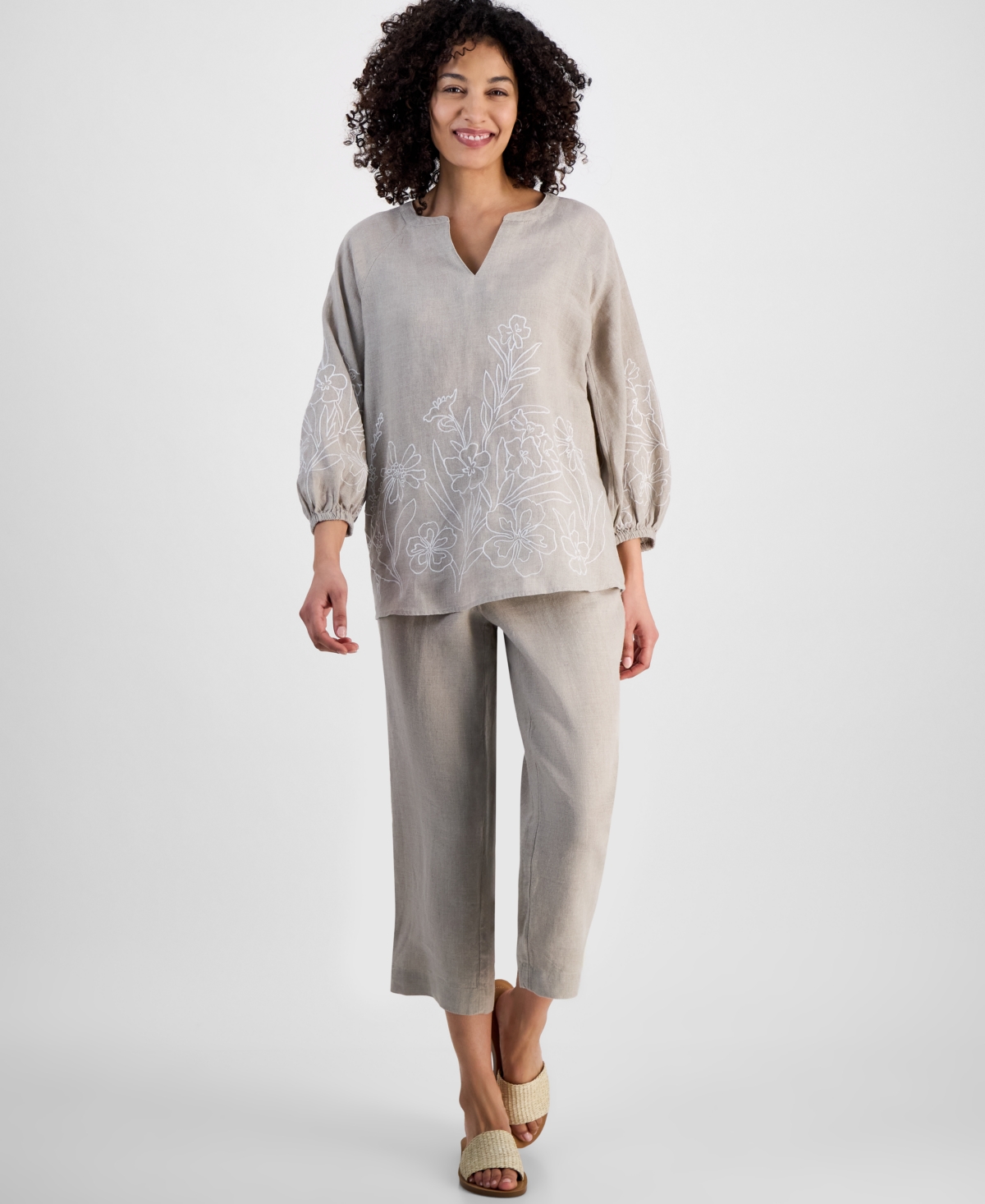 CHARTER CLUB PETITE 100% LINEN EMBROIDERED TOP, EXCLUSIVELY AT MACY'S 
