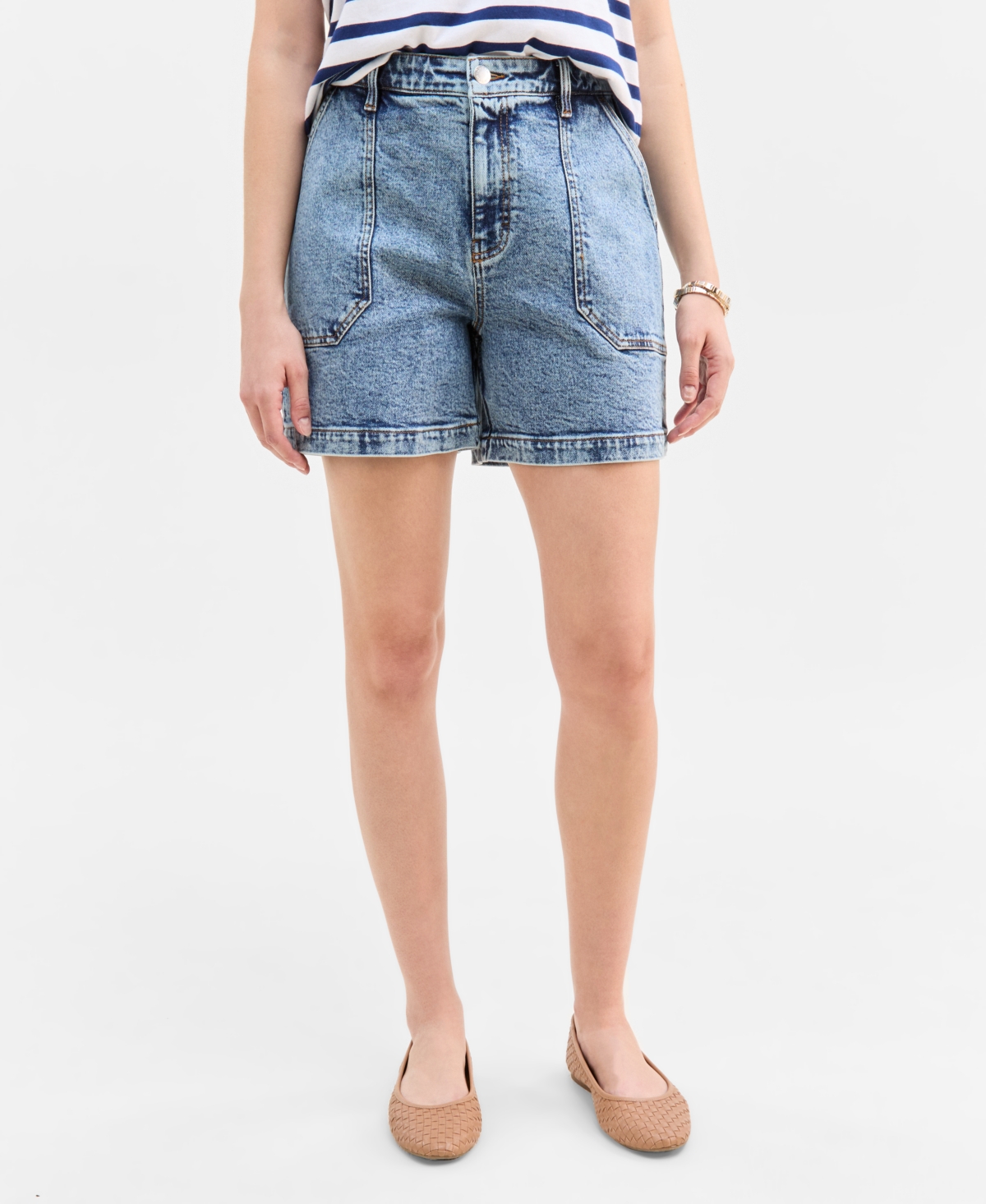 On 34th Women's Striped Flutter-sleeve Voop-neck T-shirt, Exclusively At Macy's In Tinted Light Medium