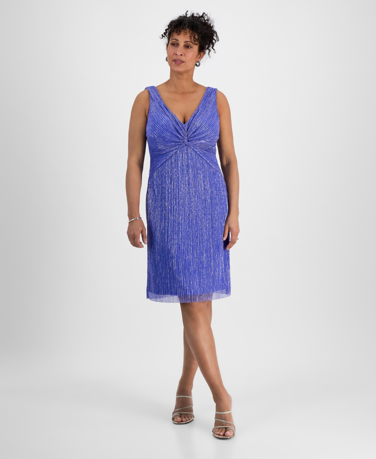 Women's Metallic V-Neck Twist-Front Dress - Blue