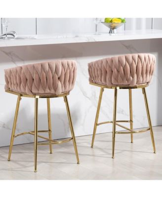 Set of 2 Counter Stools – 26" Velvet Upholstered with Hand-Wave Back, Metal Legs & Footrest