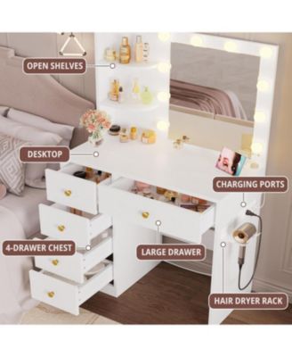 Vanity Desk with Mirror and Lights, Small Makeup Vanity Table with 5 Drawers