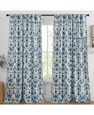 Clara Floral Damask Patterned Window Back Tab Rod Pocket Curtains Bedroom - Light Blocking Darkening Window Panels, Set of 2 (Blue, 52 W x 84 L)