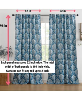 Messina Paisley Damask Patterned Back Tab Rod Pocket Curtains - Light Blocking Darkening Window Panels, Set of 2 (Blue, 52 W x 96 L)