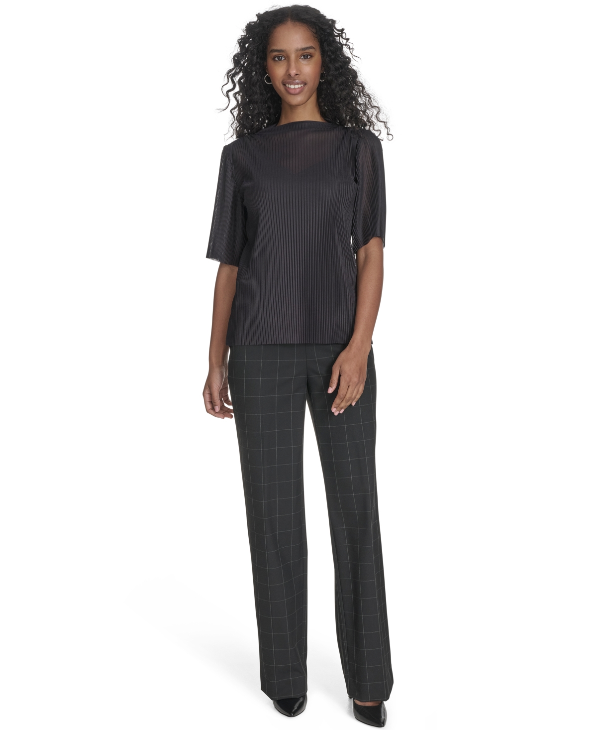 Shop Calvin Klein Women's Mesh Elbow-sleeve High-neck Top In Black