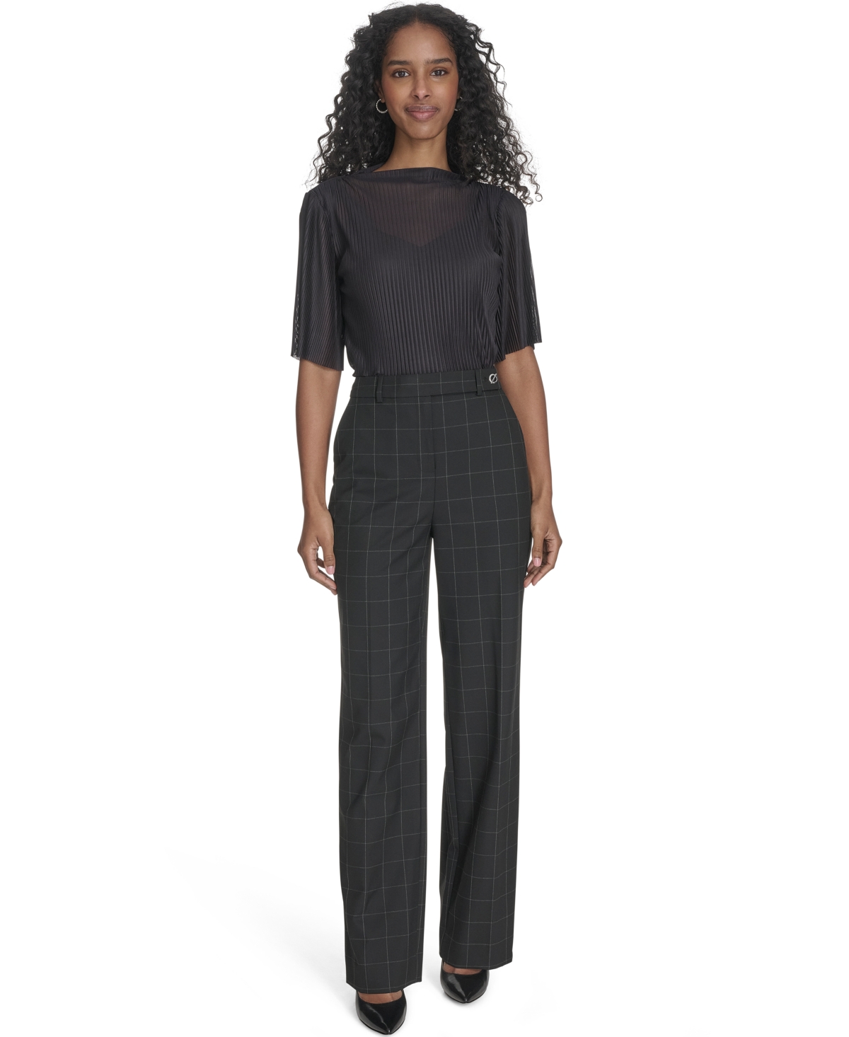 Calvin Klein Plus Size Windowpane Print Wide Leg Pants In Black,cream
