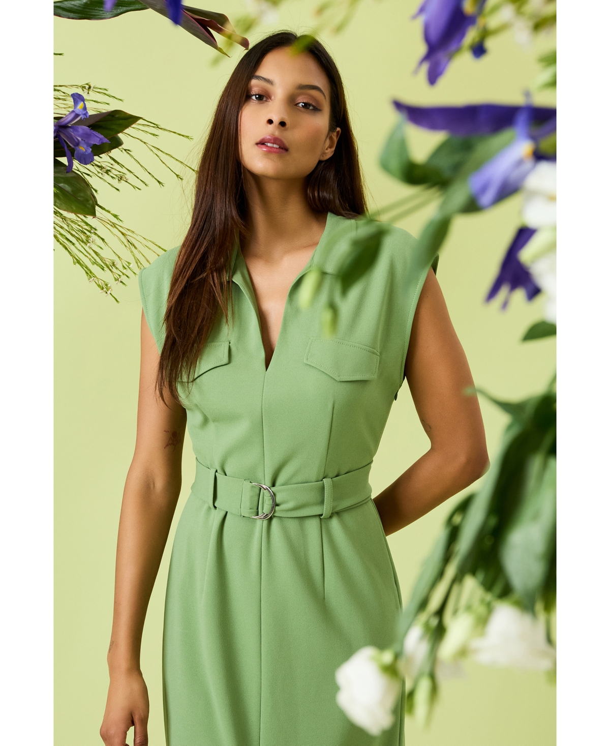 Donna Morgan Women's Belted Split-neck Midi Dress In Green