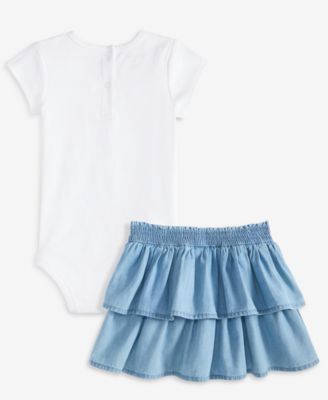 Baby Girls Ribbed Logo Bodysuit & Denim Skirt, 2 Piece Set