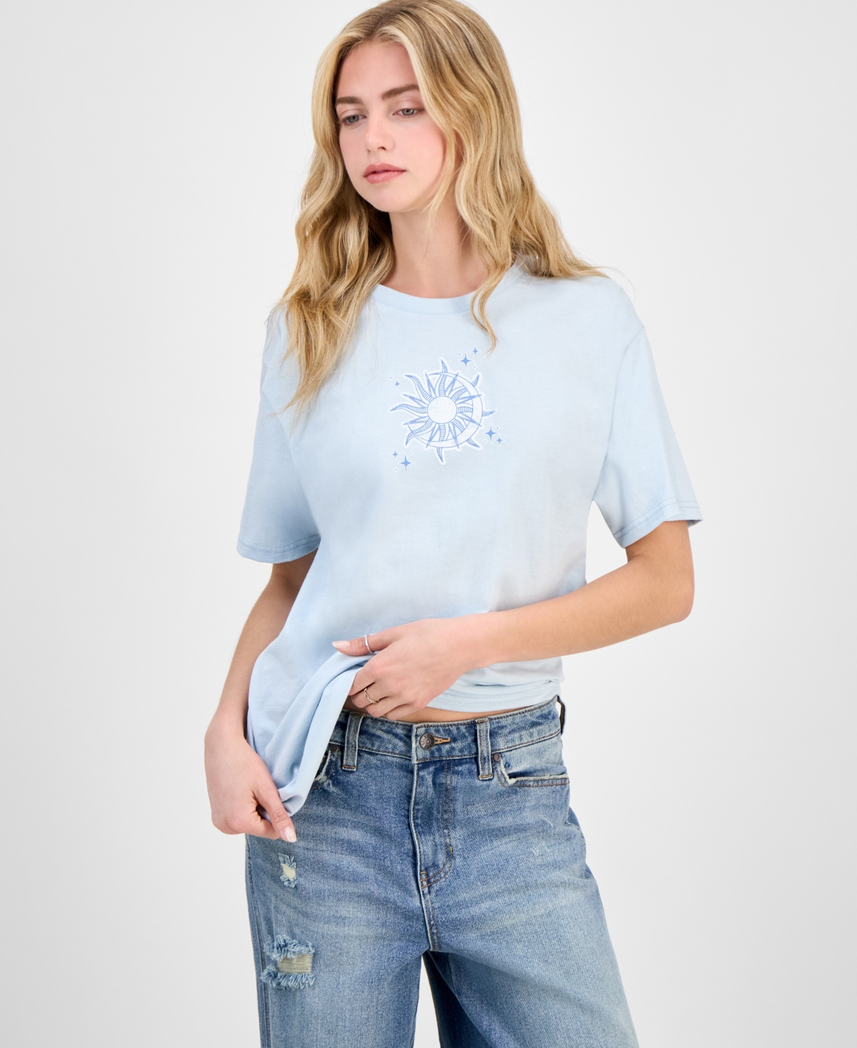 Juniors' Cotton Celestial Graphic-Print Boyfriend Tee - Starlight Blue