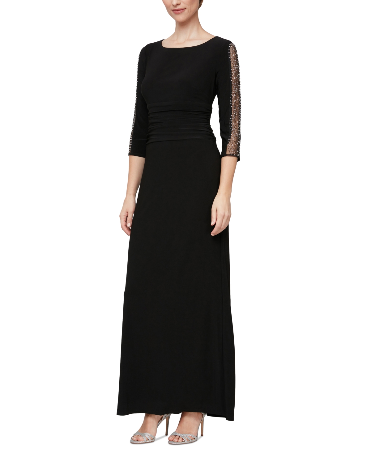 Shop Sl Fashions Women's Beaded-sleeve Ruched-waist Gown In Black