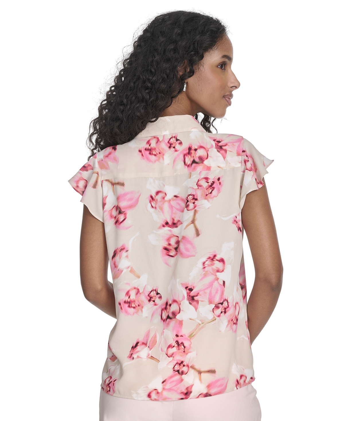 CALVIN KLEIN WOMEN'S PRINTED RUFFLED FLUTTER-SLEEVE BUTTON-FRONT BLOUSE 