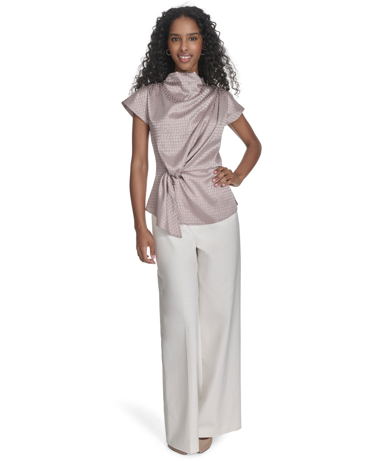 Calvin Klein Women's Jacquard Mock Neck Short-sleeve Top In Soft Taupe,soft Taupe