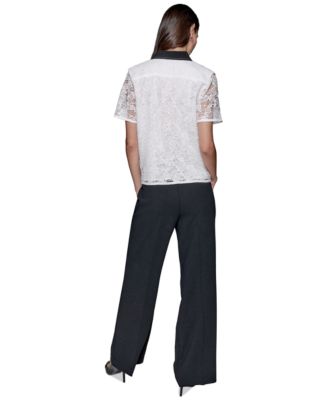 Женский укороченный кружевной топ с контрастной отделкой и коротким рукавом на пуговицах спереди от KARL LAGERFELD PARIS