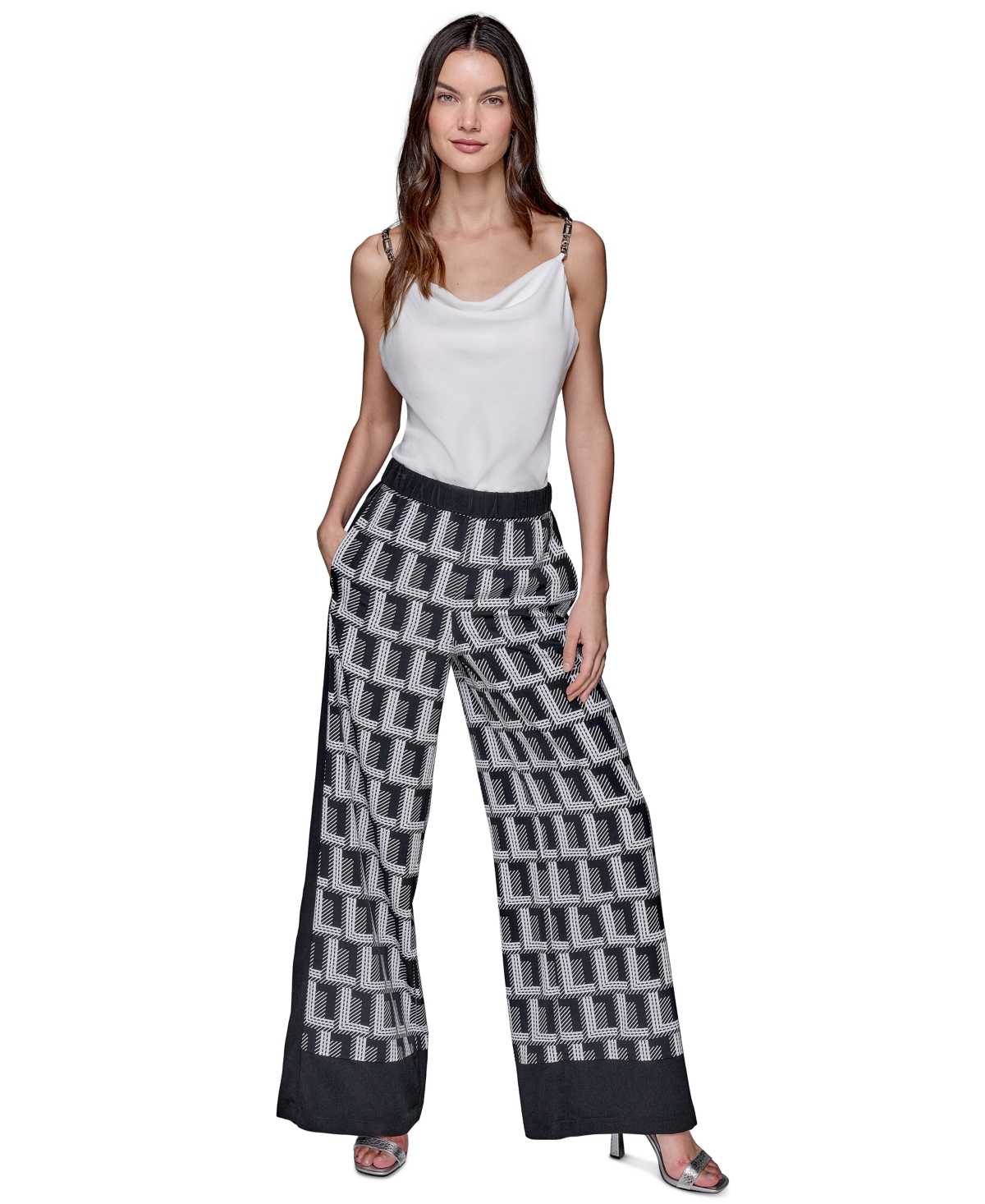 Shop Karl Lagerfeld Women's Geometric-print Wide-leg Pants In Black  Soft White