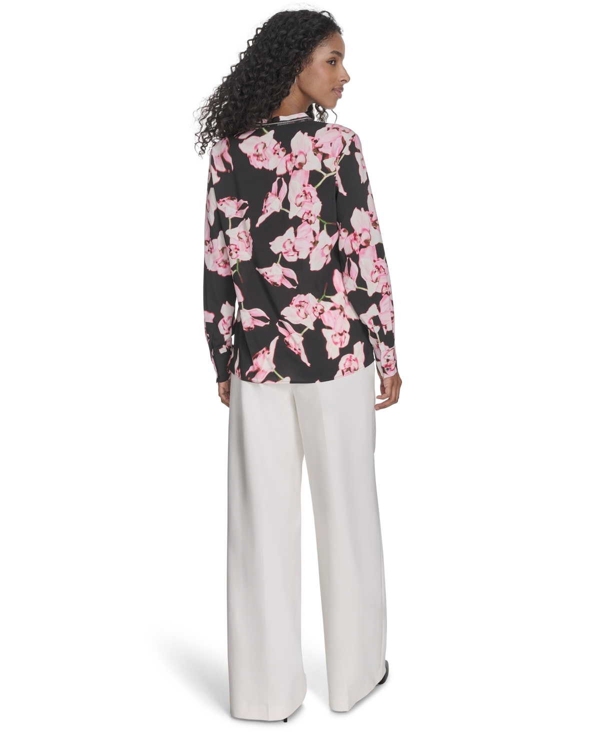 Calvin Klein Women's Printed Split-neck Long-sleeve Shirt In Black Multi
