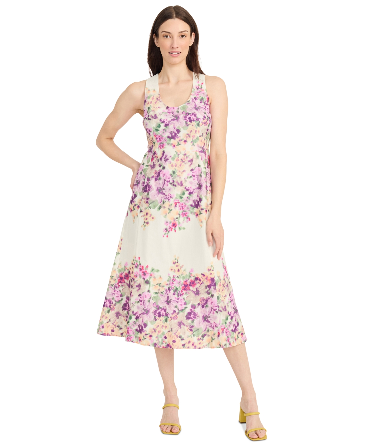 Women's Floral-Print Cotton Midi Dress - Ivory/Flamingo Pink