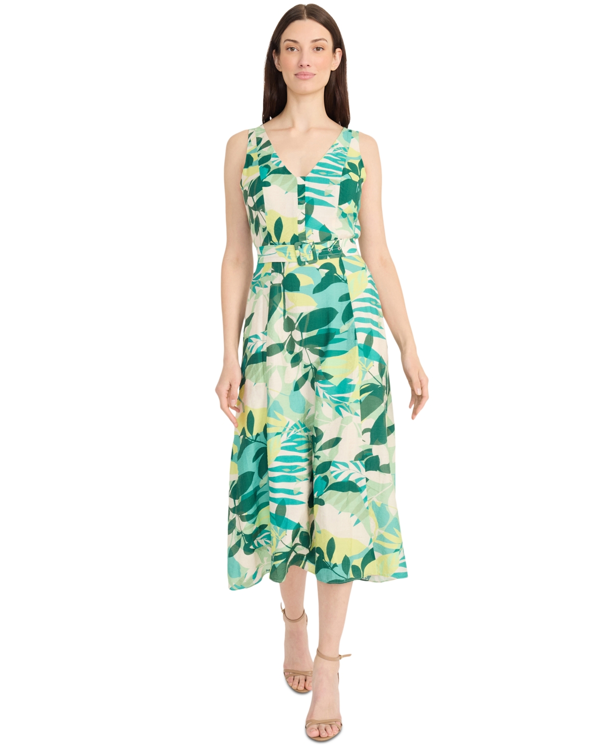 Women's Printed Belted Midi Dress - Fair Green/Garden Green