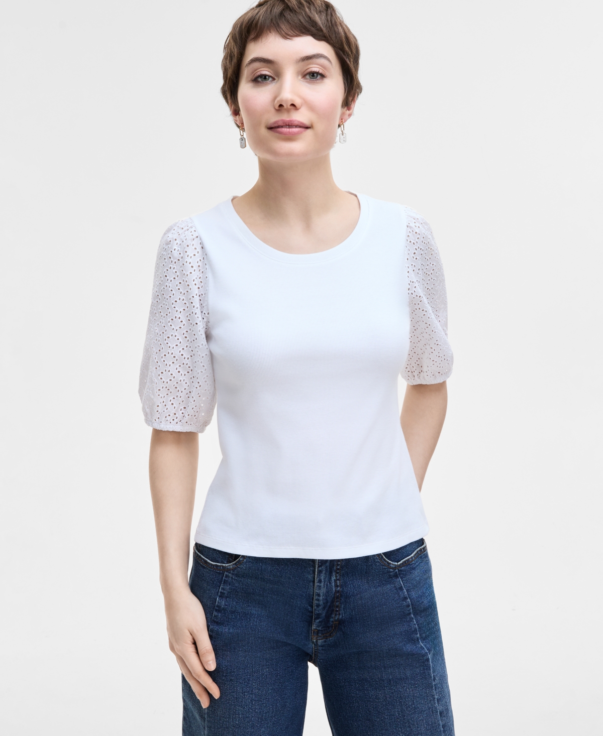 On 34th Women's Eyelet-sleeve Rib-knit Top, Exclusively At Macy's In Bright White