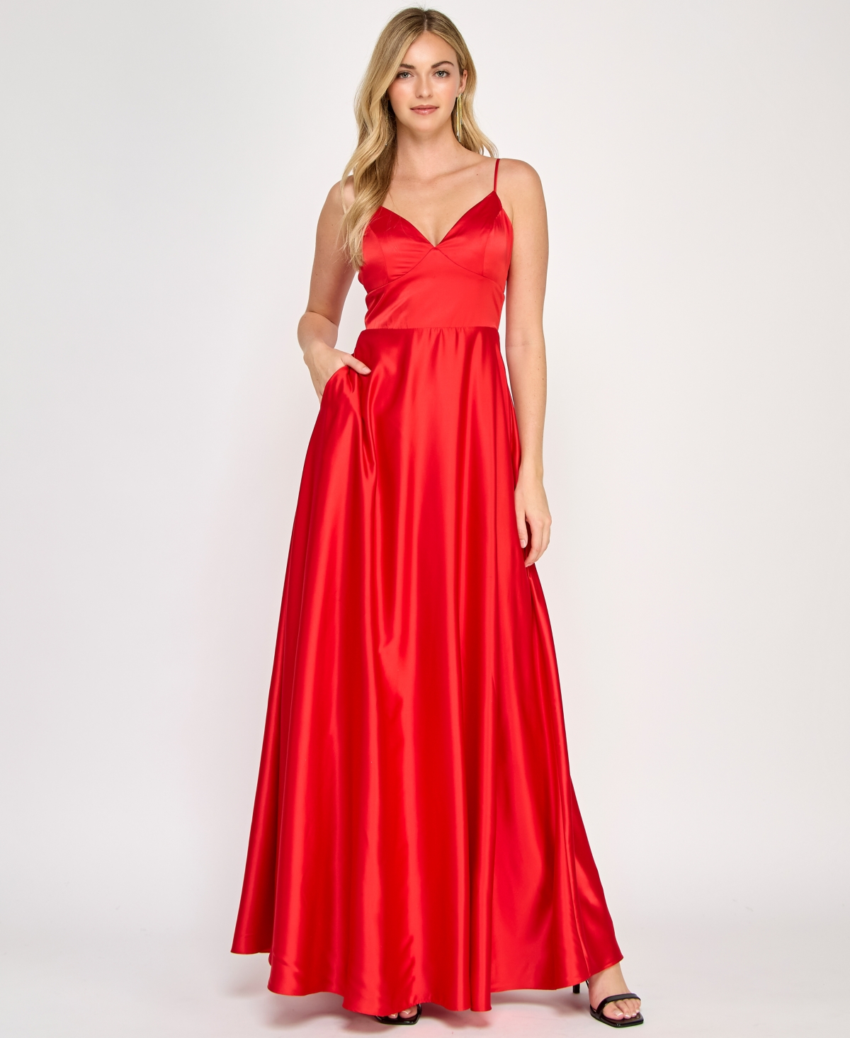 Juniors' Sherri Satin Tie-Back Gown - Red