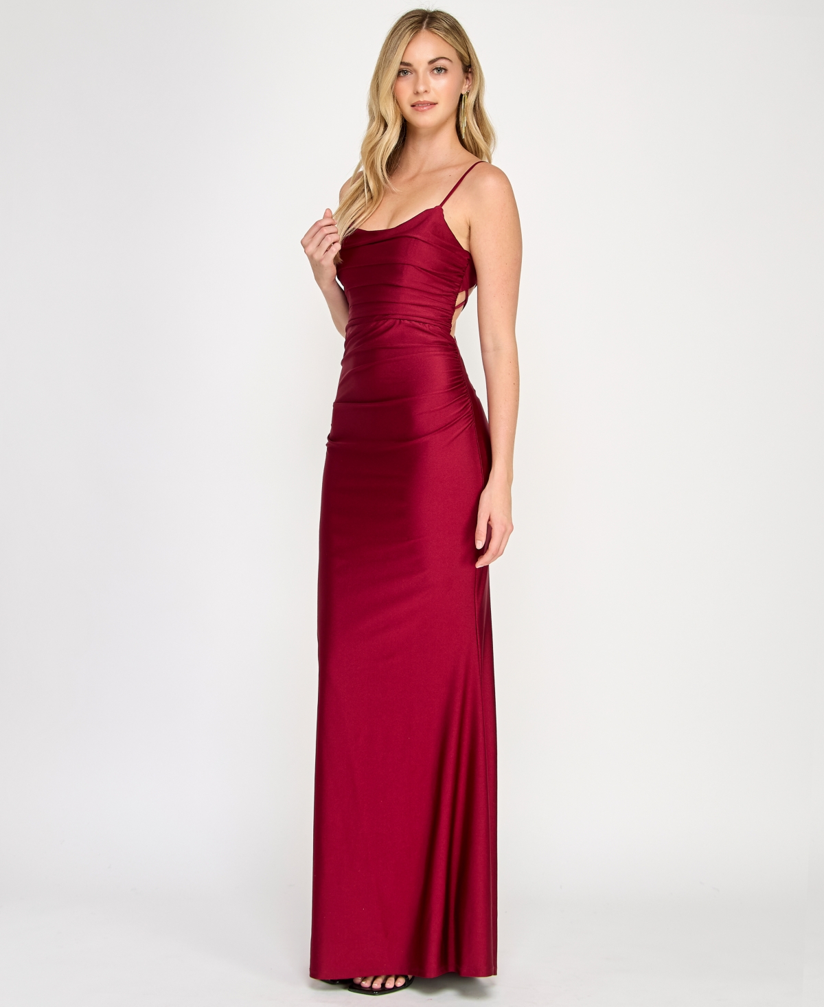 Crystal Doll Juniors' Ruched Strappy-back Satin Gown In Wine