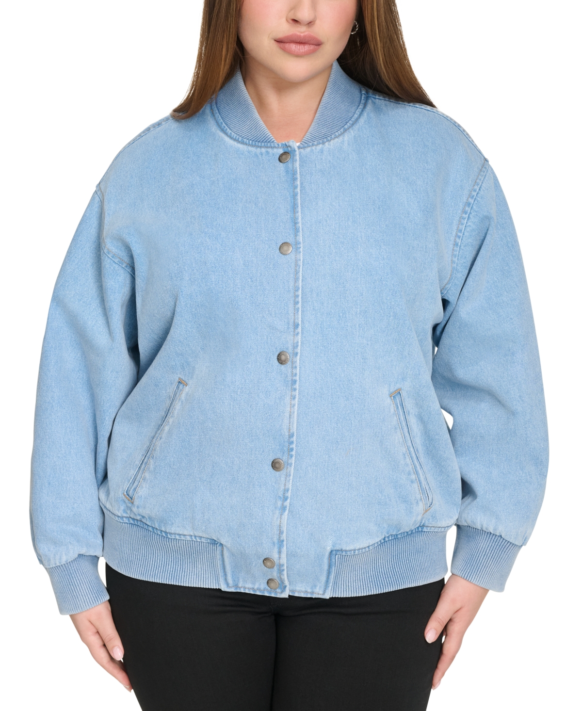 Levi's Plus Size Varsity Cotton Denim Bomber Jacket In Light Wash Denim