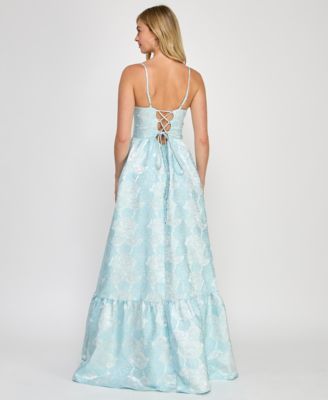 Juniors' Sleeveless Brocade Corset Gown