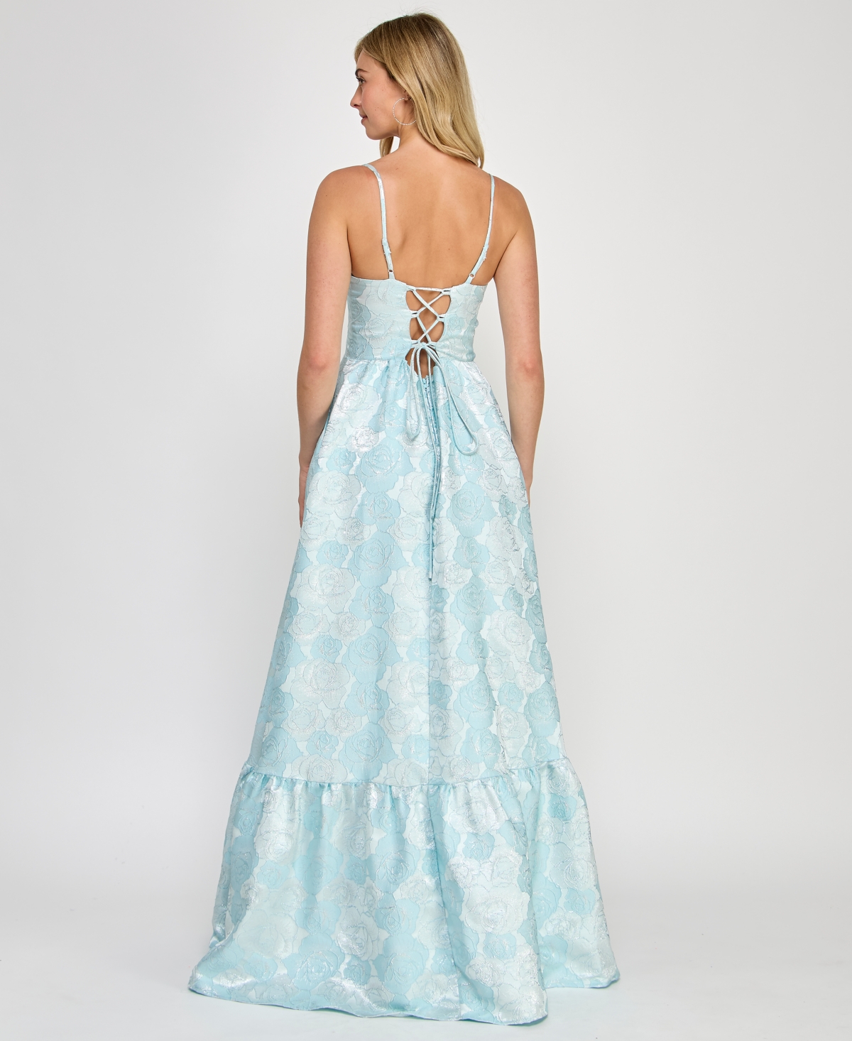 CRYSTAL DOLL JUNIORS' SLEEVELESS BROCADE CORSET GOWN 