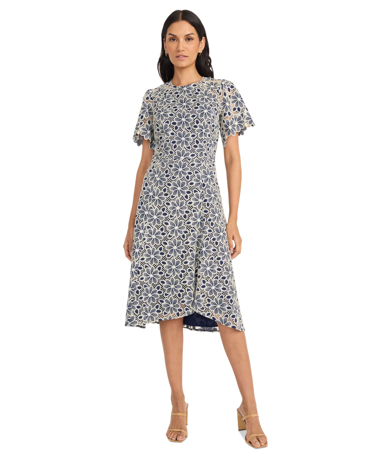 Women's Floral-Lace Short-Sleeve Midi Dress