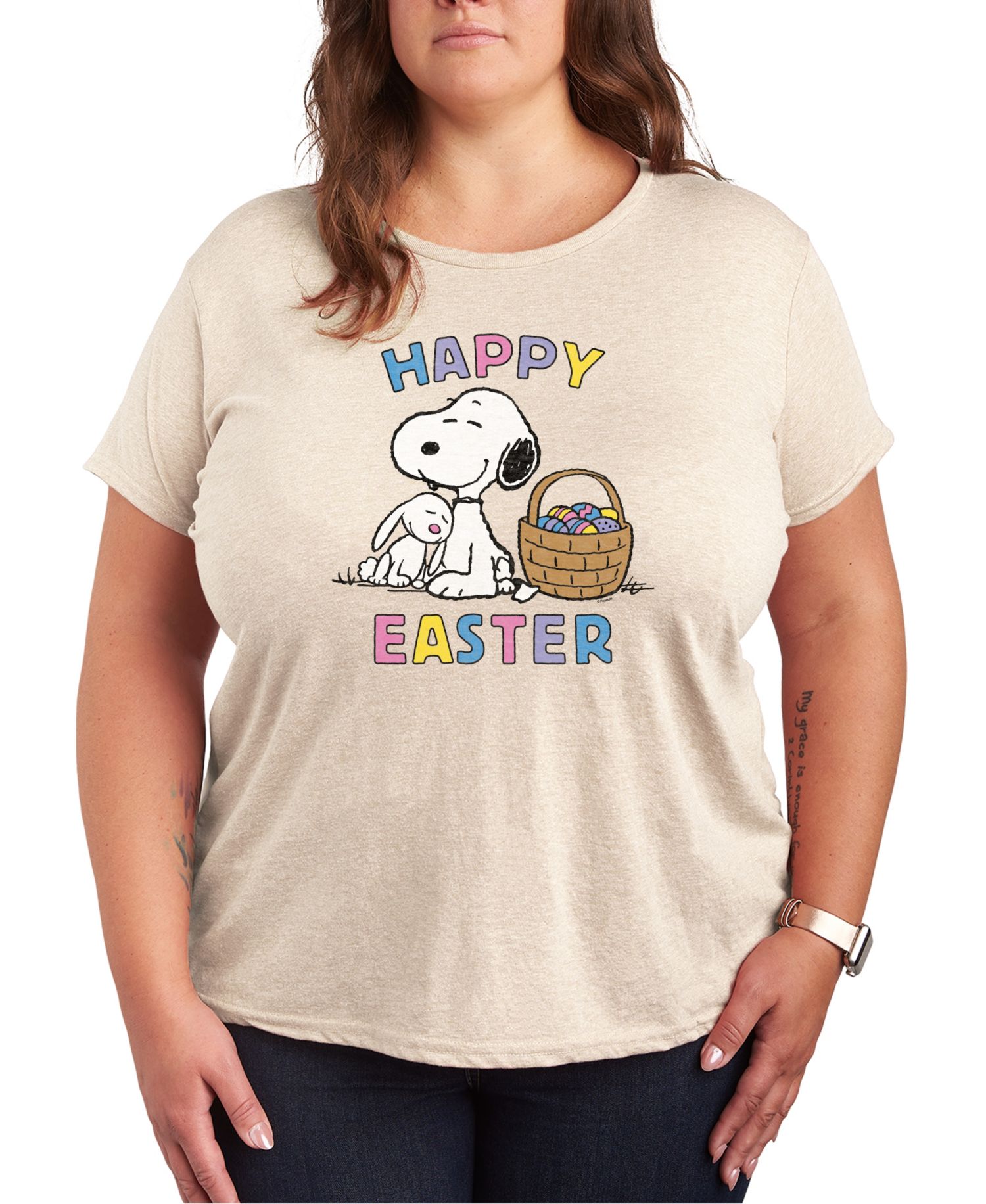 Trendy Plus Size Peanuts Happy Easter Graphic Crew Neck T-Shirt