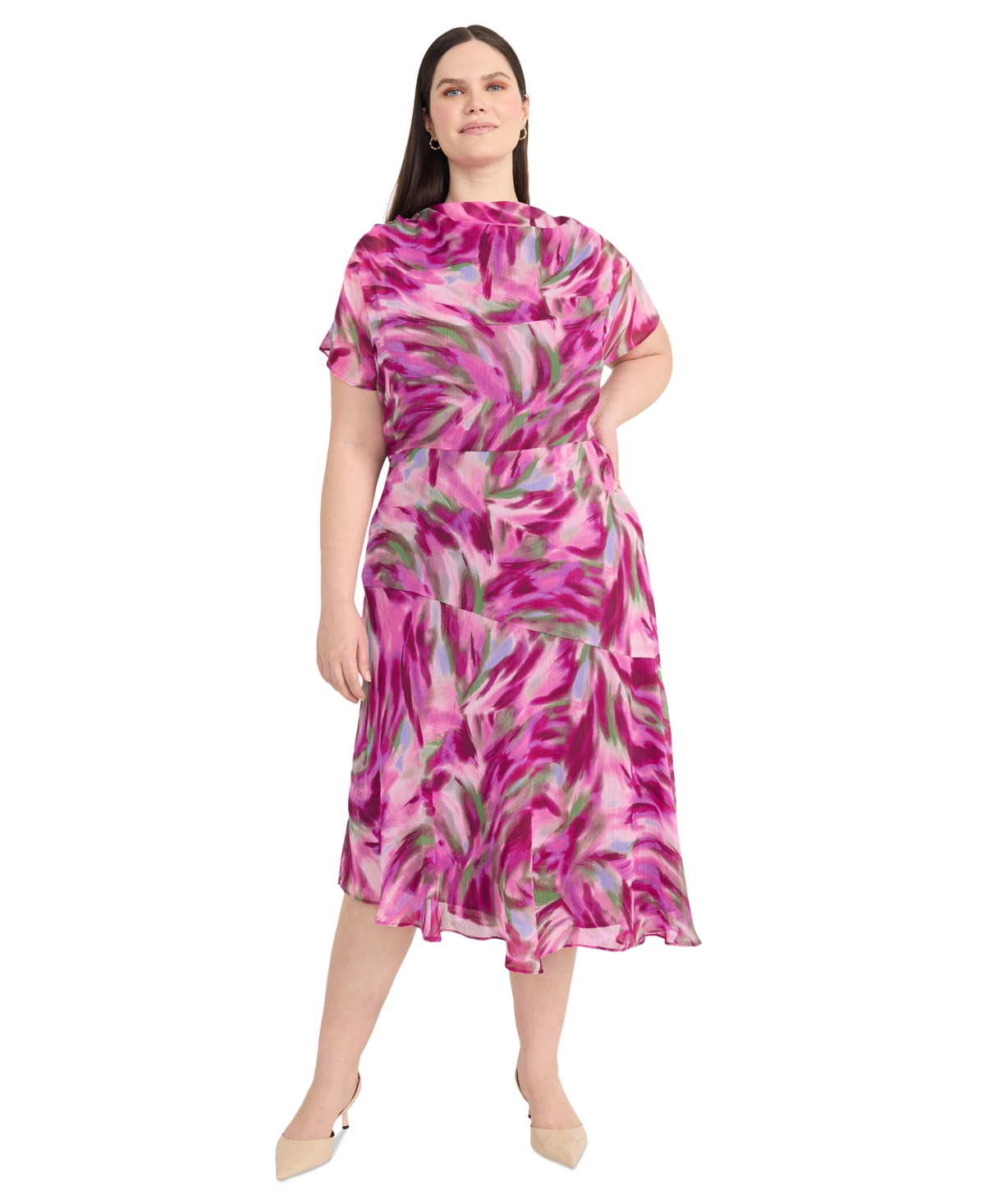 Plus Size Printed Asymmetrical Midi Dress - Periwinkle/Purple
