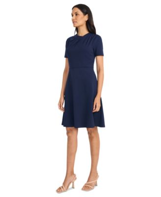 Women's Solid Asymmetric-Neck Flared Work Dress