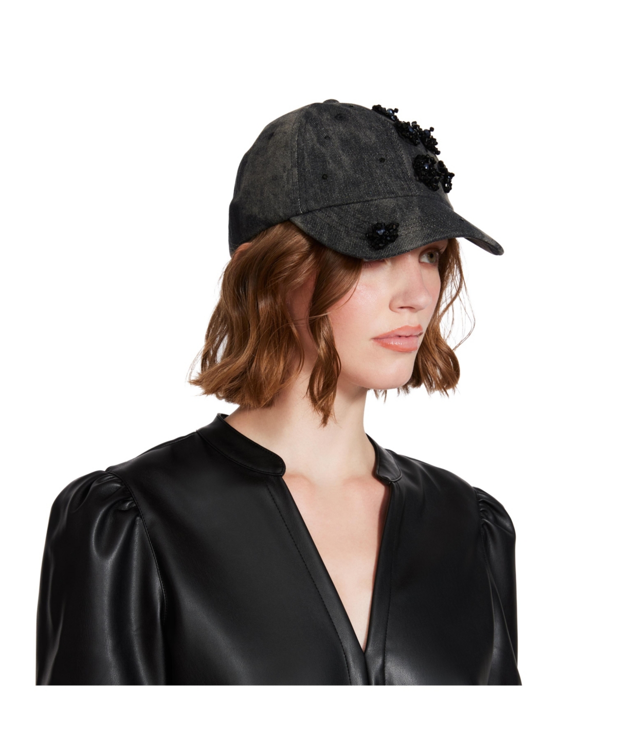 Steve Madden Denim Floral Embellishment Baseball Hat In Black