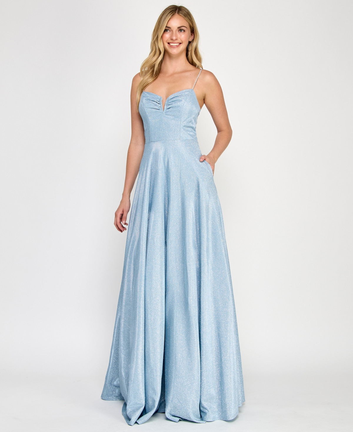 Crystal Doll Juniors' Rhinestone-strap Glitter Gown In Powderblue