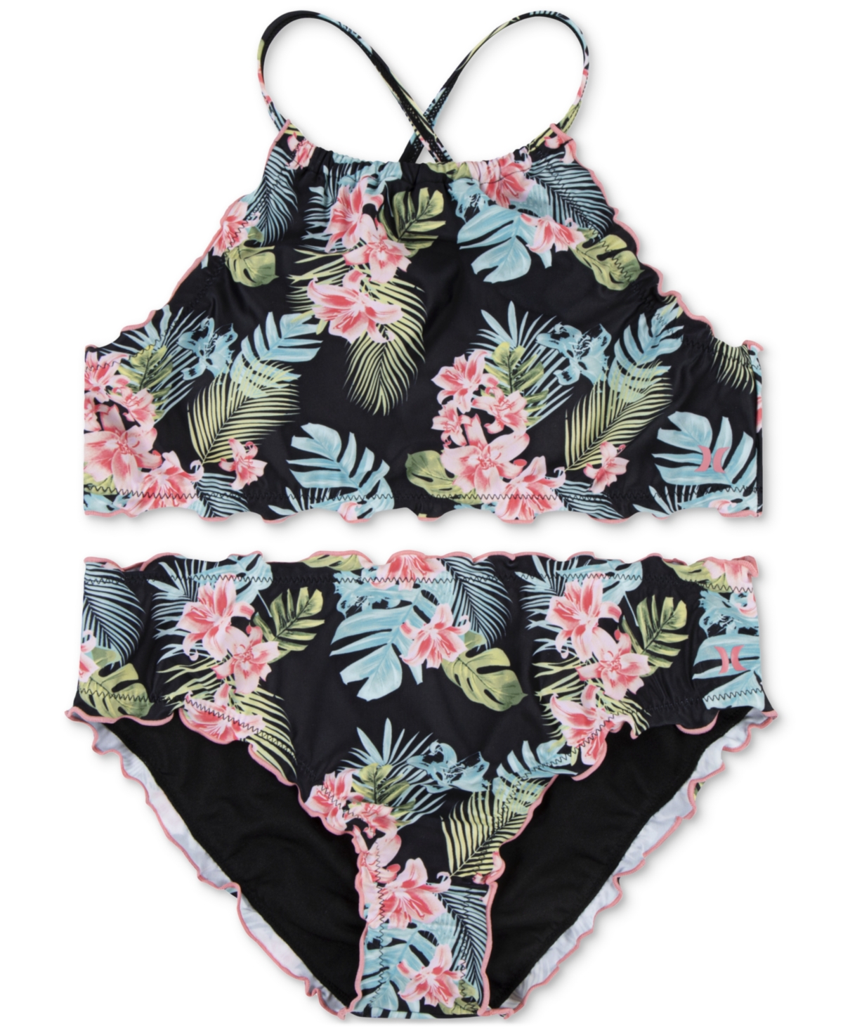 Shop Hurley Big Girls Halter Floral-print Two-piece Swimsuit In Black