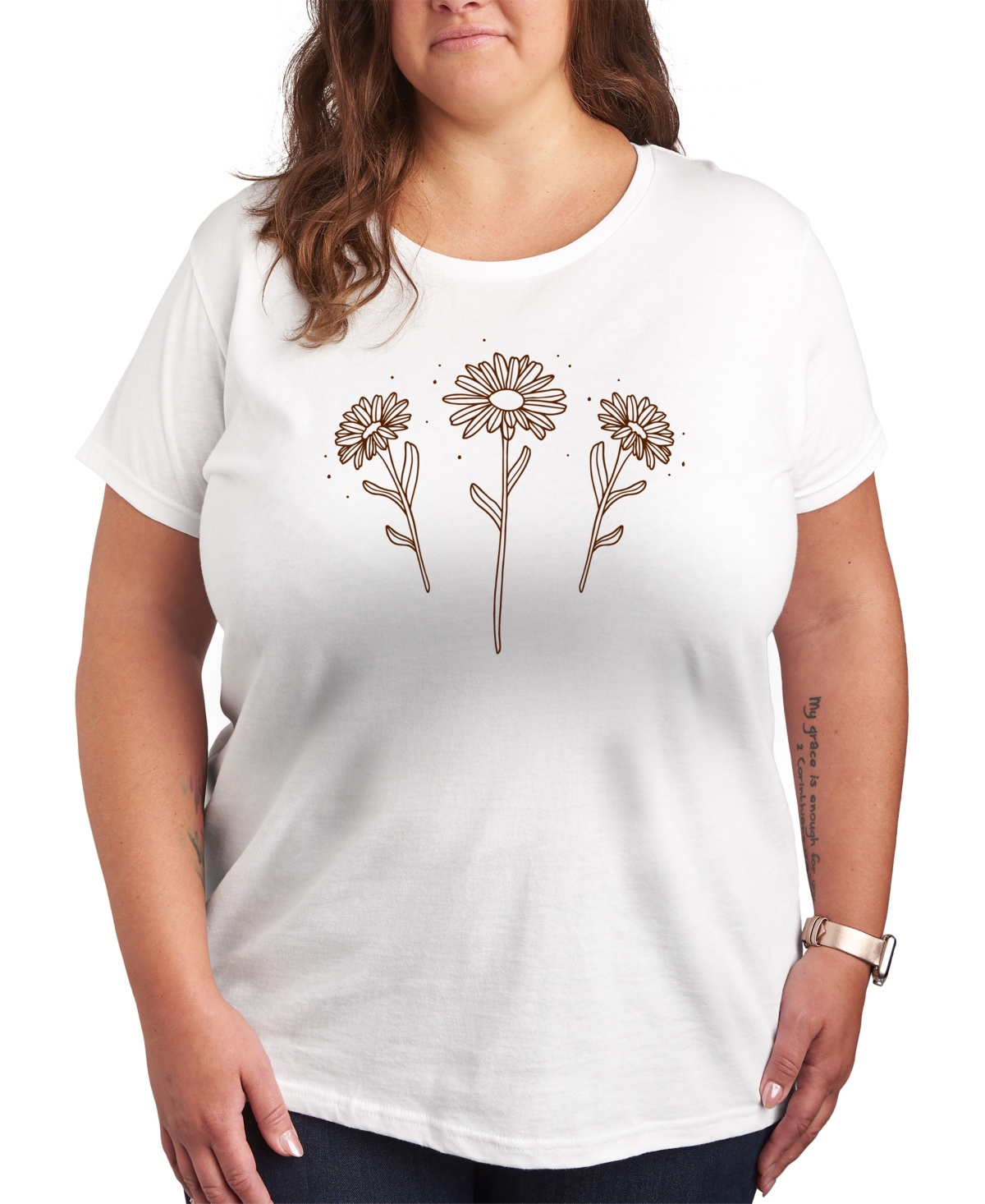 Hybrid Apparel Trendy Plus Size Flowers Size Graphic Crew Neck T-shirt In White