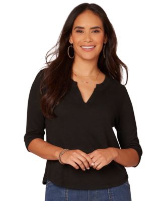 Democracy - Petite 3/4-Sleeve Split Neckline Knit Top