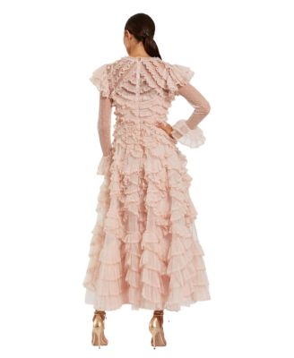 Women's Dot Net Double Ruffle Trim High Neck Ankle Dress