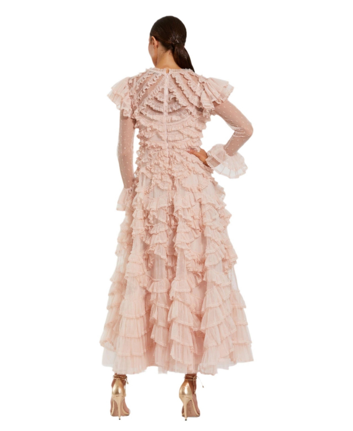 Mac Duggal Women's Dot Net Double Ruffle Trim High Neck Ankle Dress