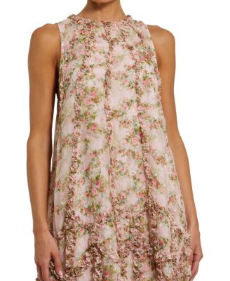 Women's Sleeveless Floral Print Chiffon Micro Ruffle Gown