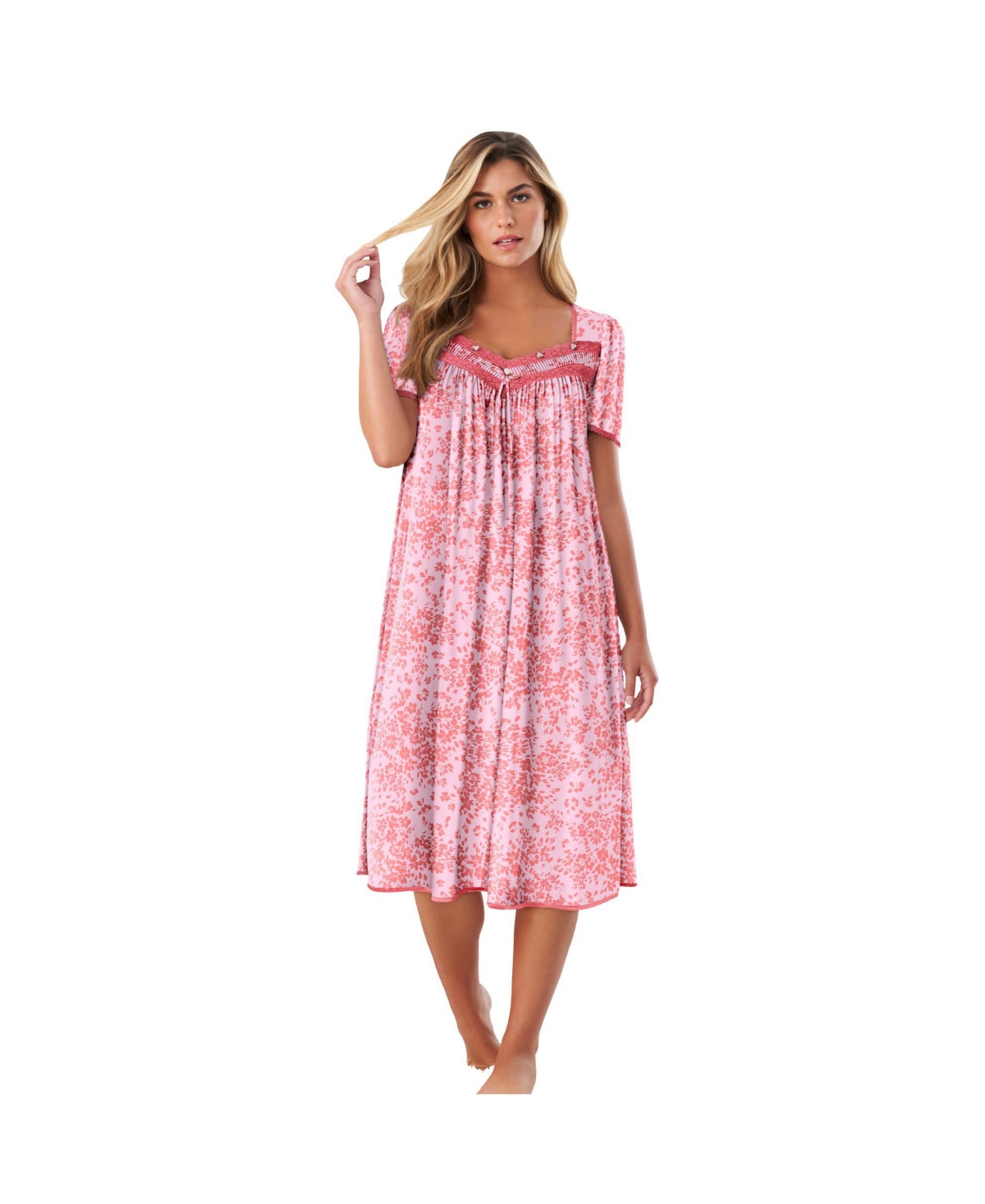 Only Neccessities Plus Size Only Necessities Short Silky Lace-Trim Gown - Sweet coral flower