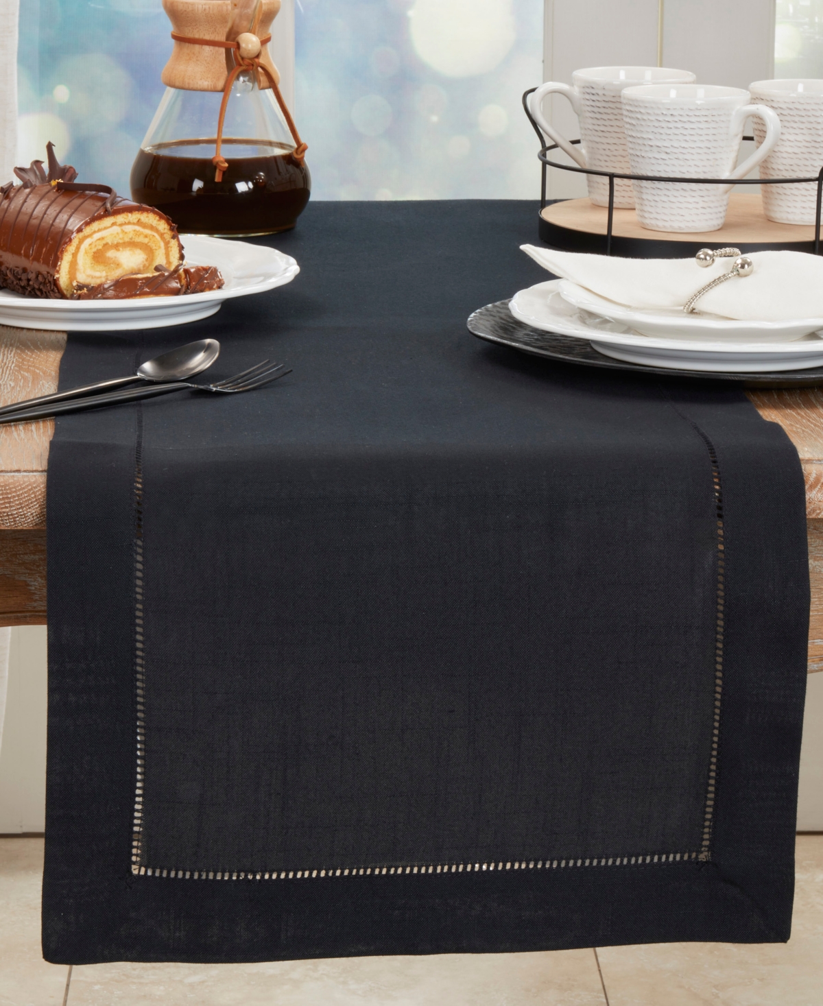 Saro Lifestyle Hemstitched Border Table Runner, 16" X 54" In Black