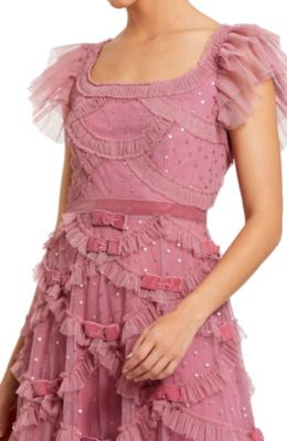 Women's Dot Net Sequin Ruffle Sweetheart Neck Midi Dress