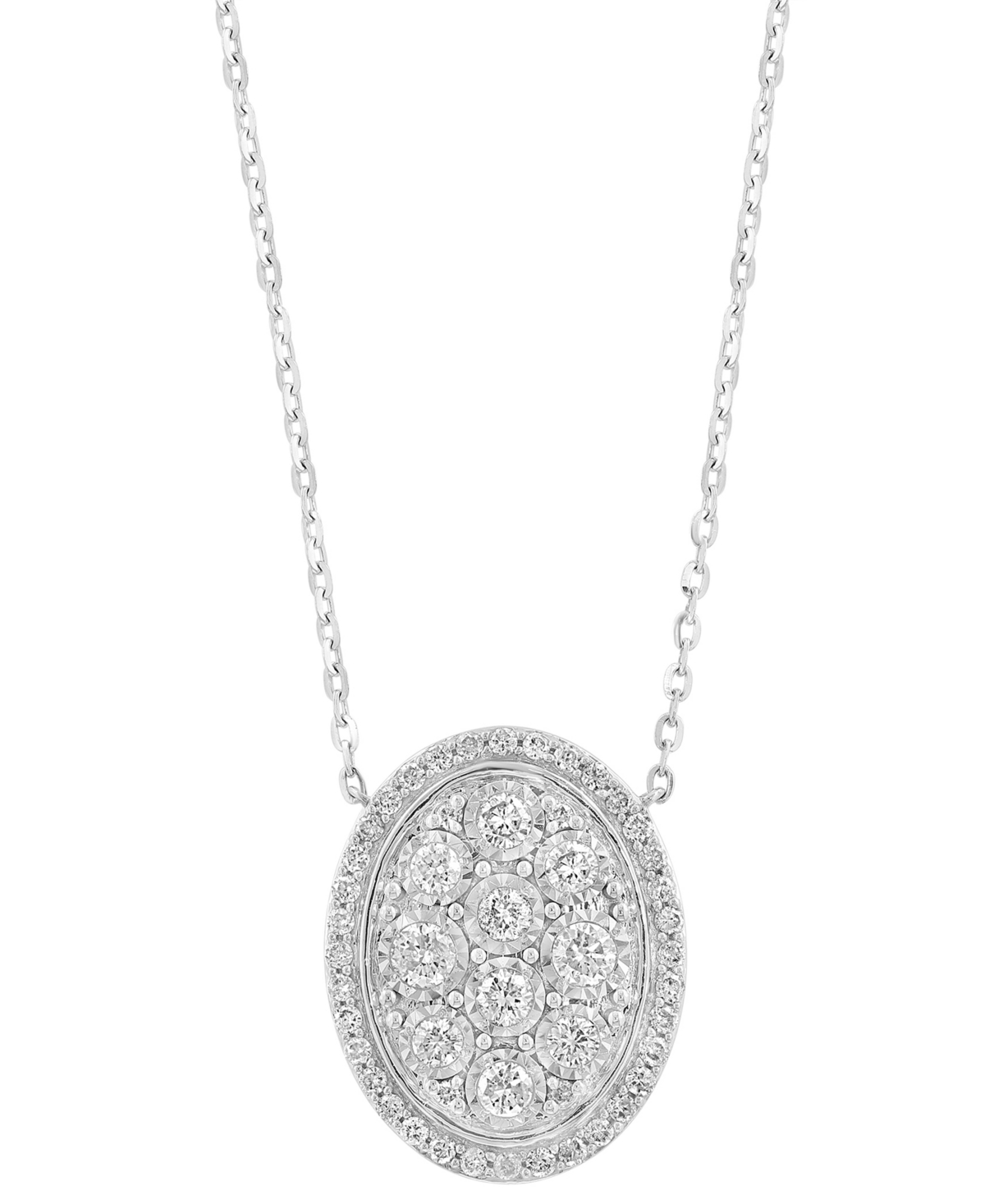 Effy Collection Effy Diamond Cluster Oval Halo 18" Pendant Necklace (5/8 Ct. T.w.) In Sterling Silver In Sterling Silver