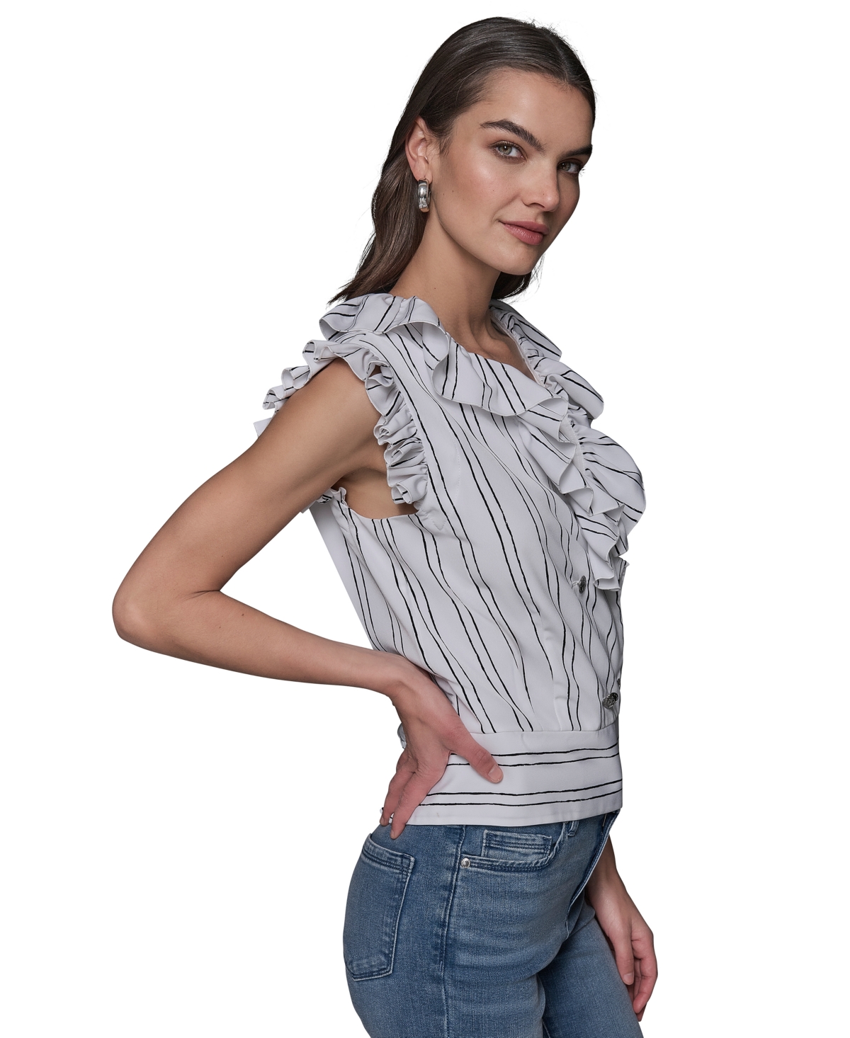 Shop Karl Lagerfeld Women's Ruffle-trim Striped Top In Soft White