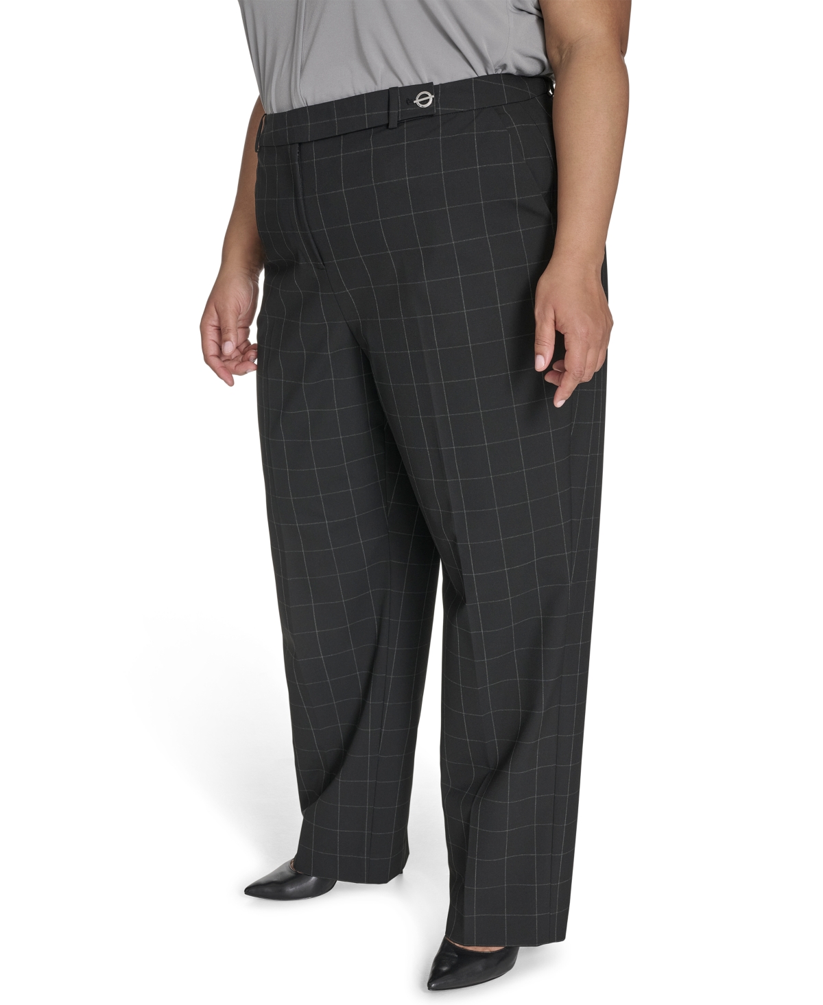 Calvin Klein Plus Size Windowpane Print Wide Leg Pants In Black,cream