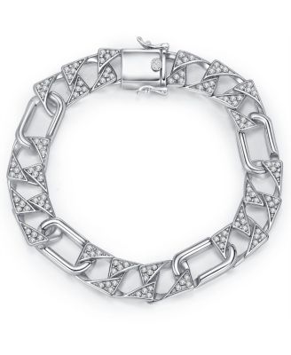 Men's Sterling Silver White Gold Plated with Iced Out Cubic Zirconia Mixed Cuban Chain Bracelet