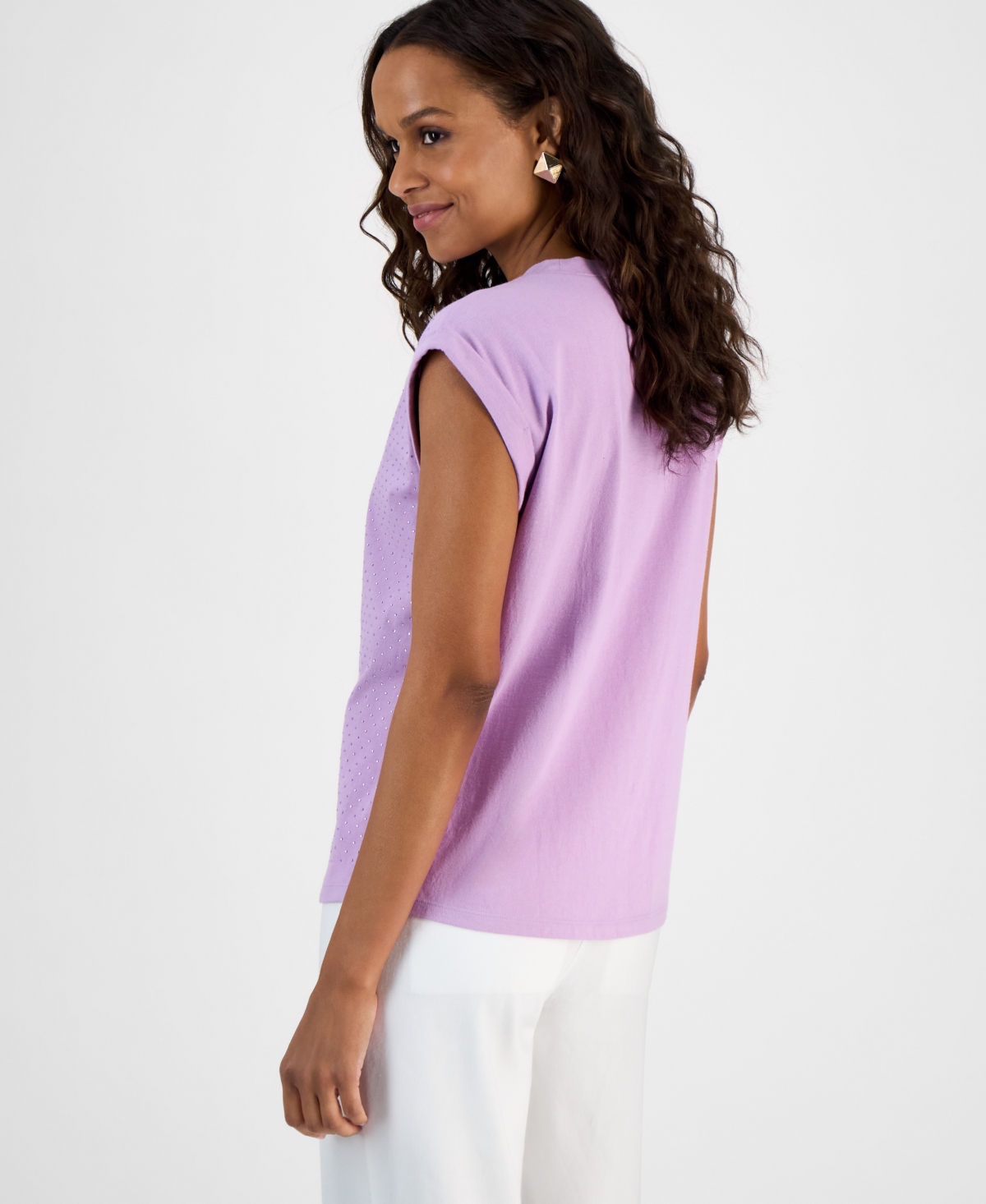 Inc International Concepts Petite Dew Drop Cotton Roll-sleeve Tee, Created For Macy's In Purple