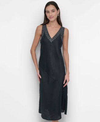 DKNY - Women's Linen Sleeveless Studded V-Neck Dress