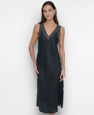 DKNY Women's Linen Sleeveless Studded V-Neck Dress - Macy's