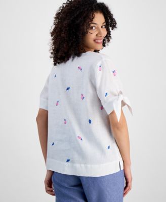 売れ筋商品|||チャータークラブ カットソー トップス レディース Petite Embroidered Linen Tunic, Exclusively at Macy's Blue Ocean Charter Club Petite Linen Eyelet-Embroidered 3/4-Sleeve Top