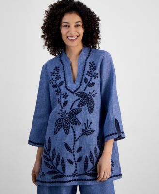 売れ筋商品|||チャータークラブ カットソー トップス レディース Petite Embroidered Linen Tunic, Exclusively at Macy's Blue Ocean Charter Club Petite Embroidered Linen Tunic, Exclusively at